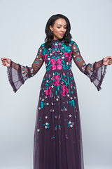 Fenella purple floral embroidered maxi dress by Frock and Frill
