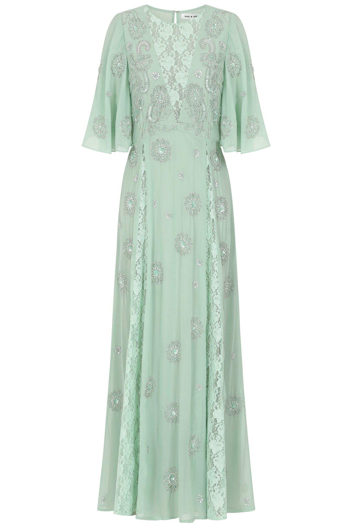 Fern Light Green Embellished Maxi Dress with Lace Panels