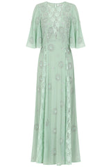 Fern Light Green Embellished Maxi Dress with Lace Panels