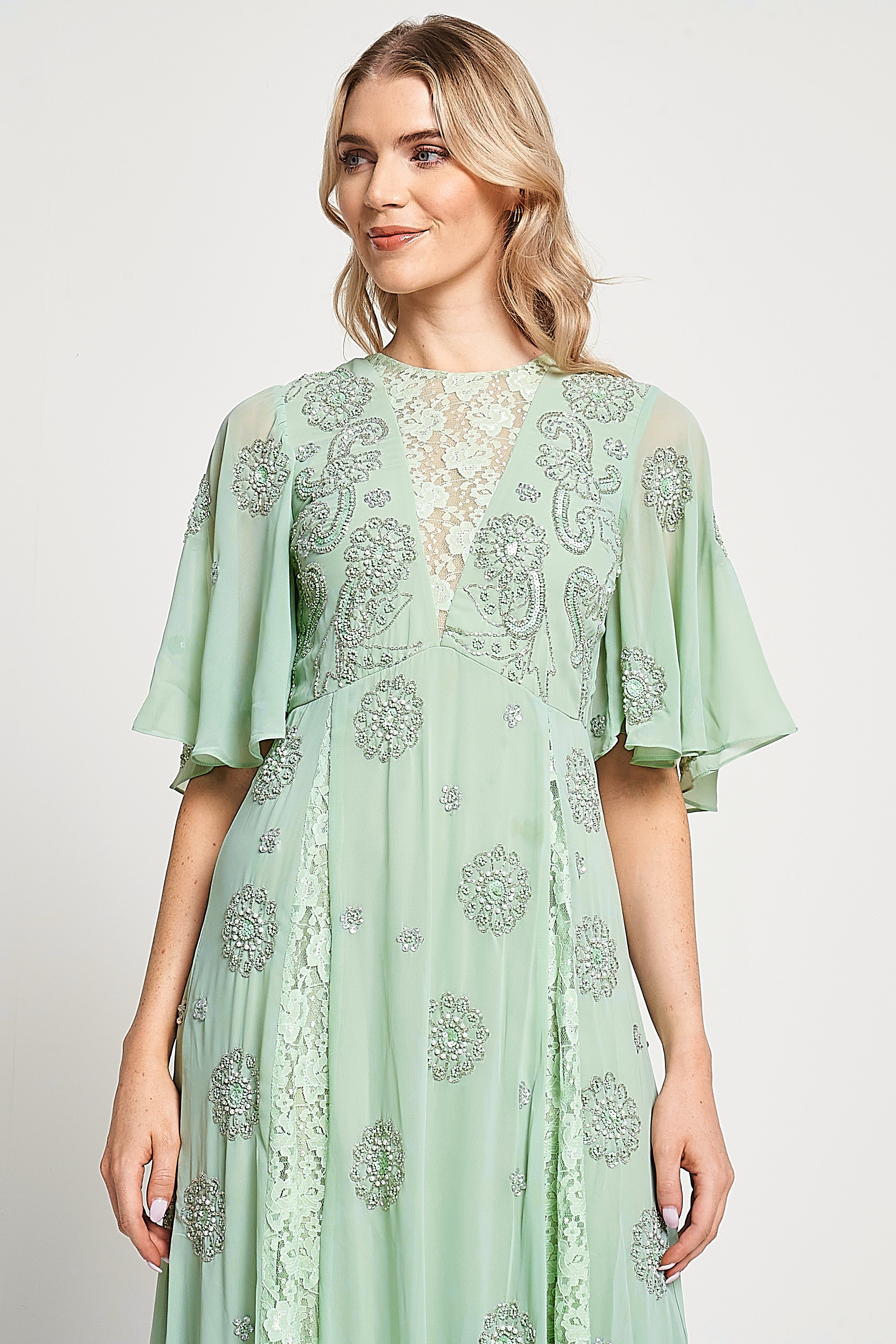 Fern Light Green Embellished Maxi Dress with Lace Panels