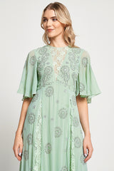 Fern Light Green Embellished Maxi Dress with Lace Panels