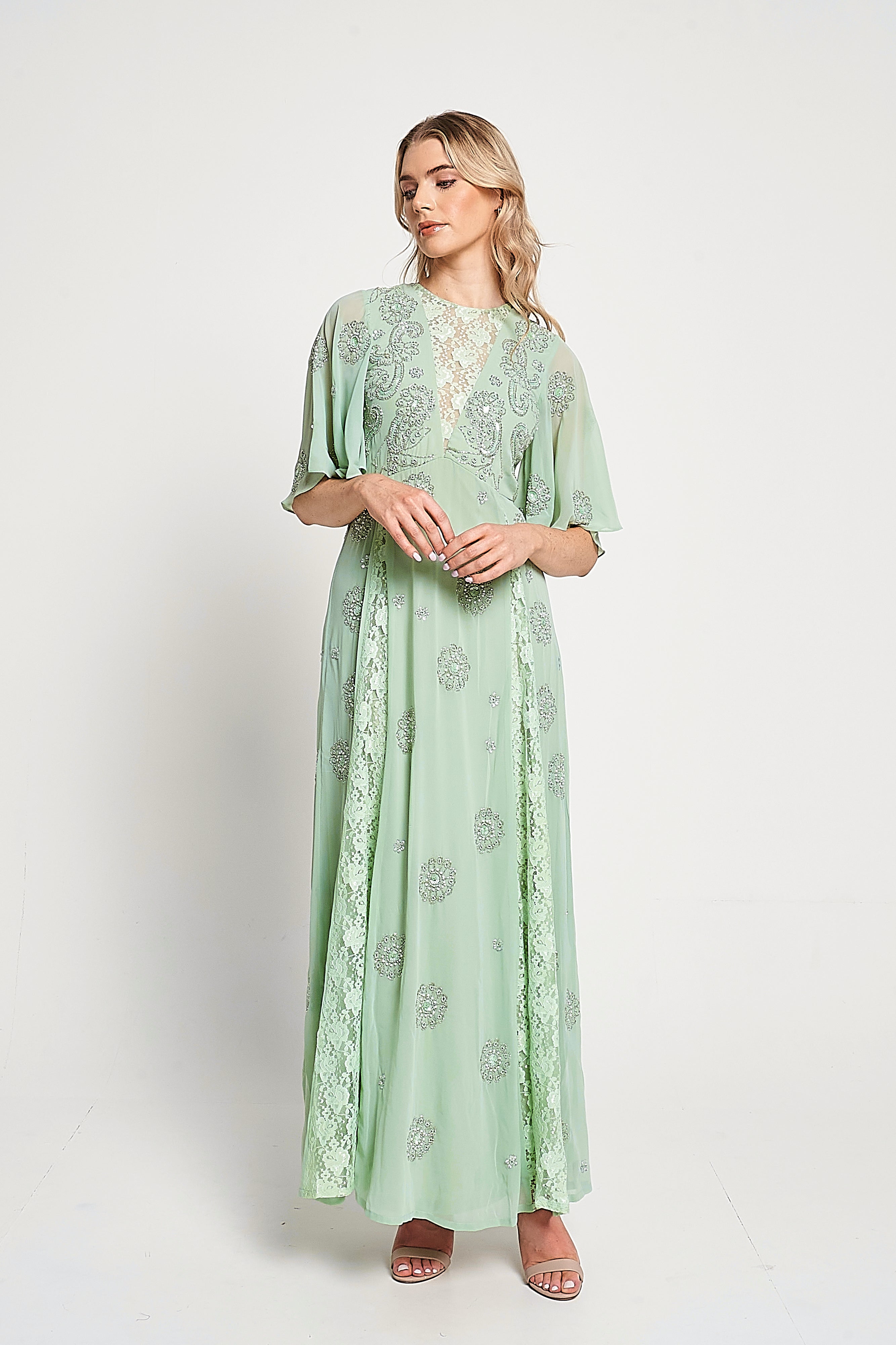 Fern Light Green Embellished Maxi Dress with Lace Panels
