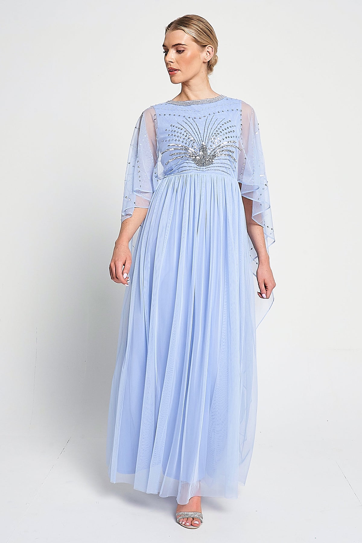 Frances Blue Sequin Cape Sleeve Maxi Dress – Frock and Frill