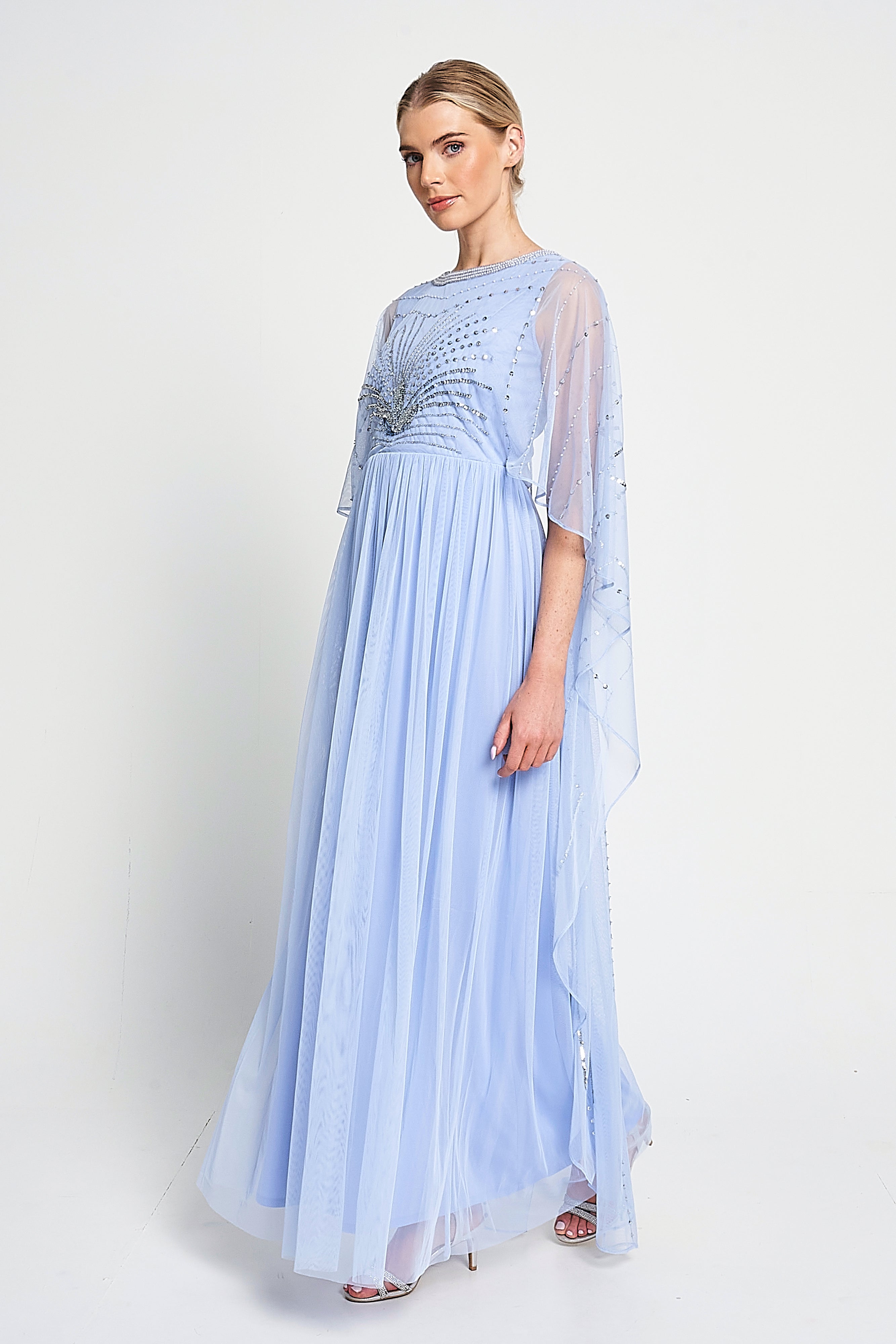 Frances Blue Sequin Cape Sleeve Maxi Dress Frock and Frill Frances Blue Sequin Cape Sleeve Maxi Dress Frock and Frill