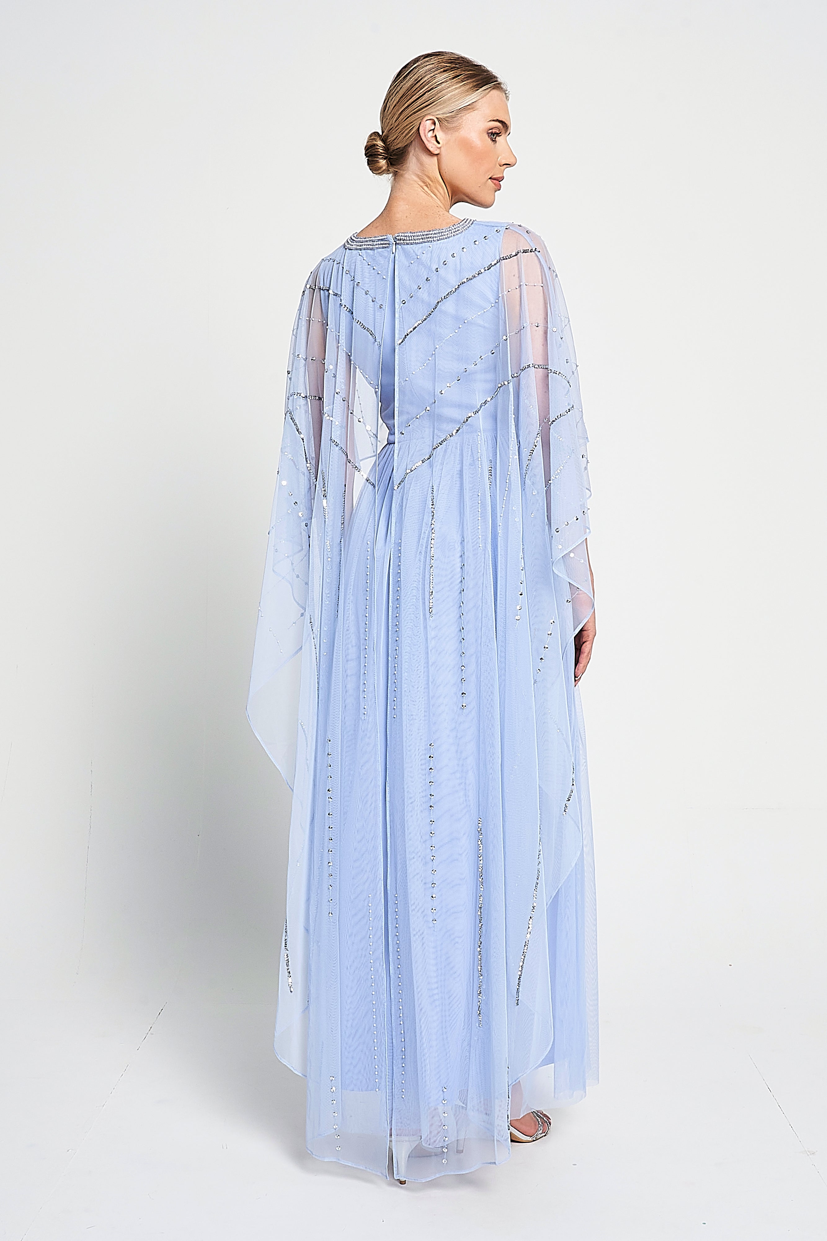 Frances Blue Sequin Cape Sleeve Maxi Dress – Frock and Frill