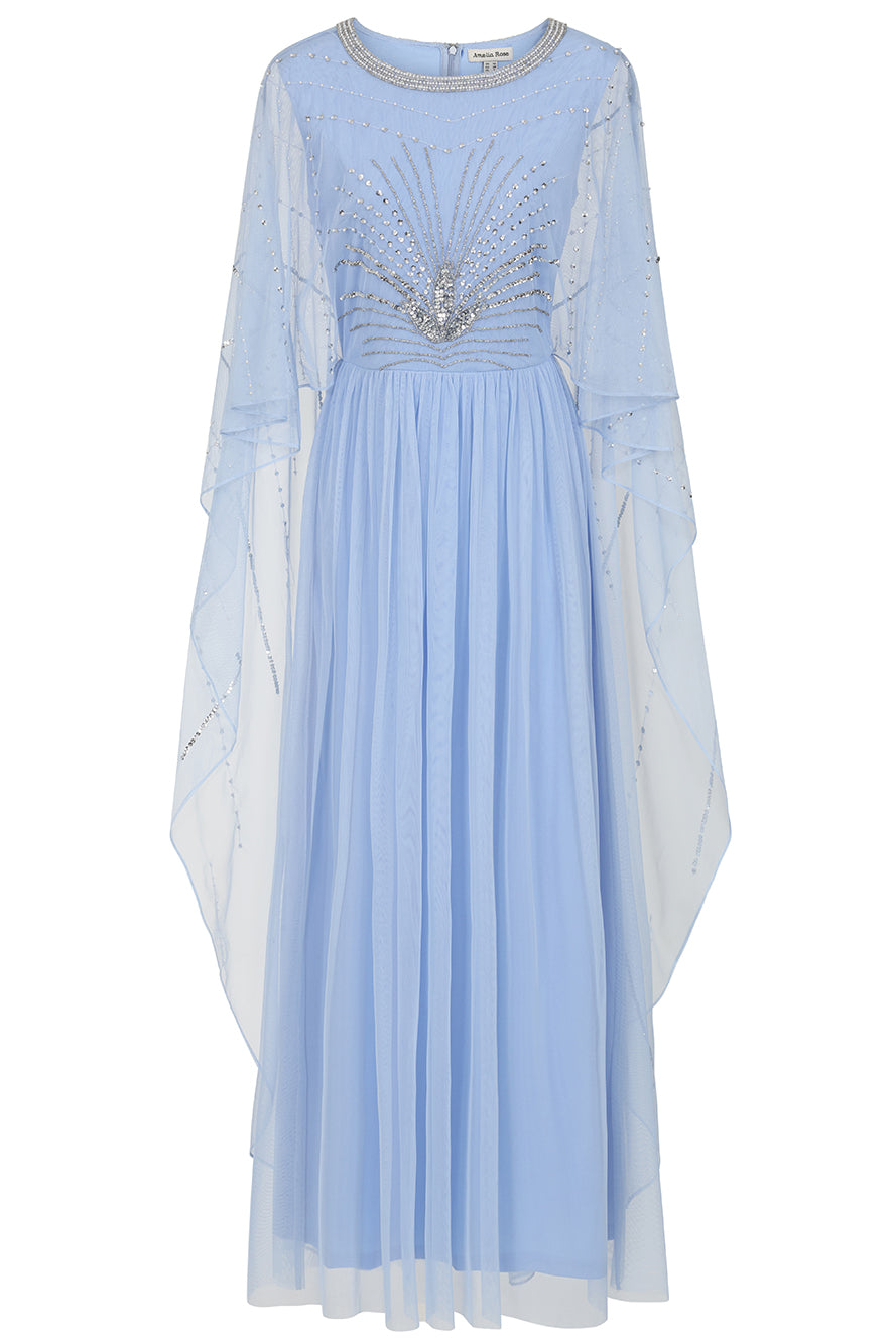 blue ruffle cape dress V Neck Cape Sleeve Ruffle Loose Fit Vacation Mini Dresses-Blue