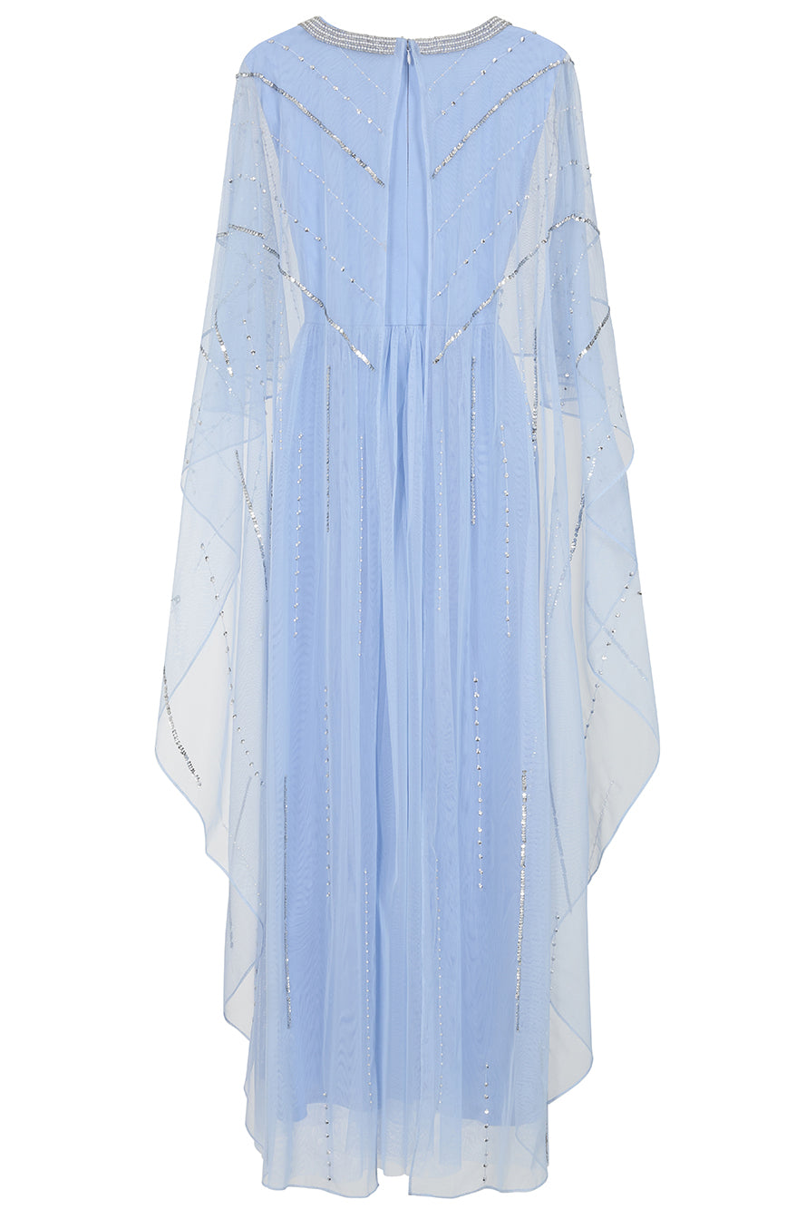 Frances Blue Sequin Cape Sleeve Maxi Dress