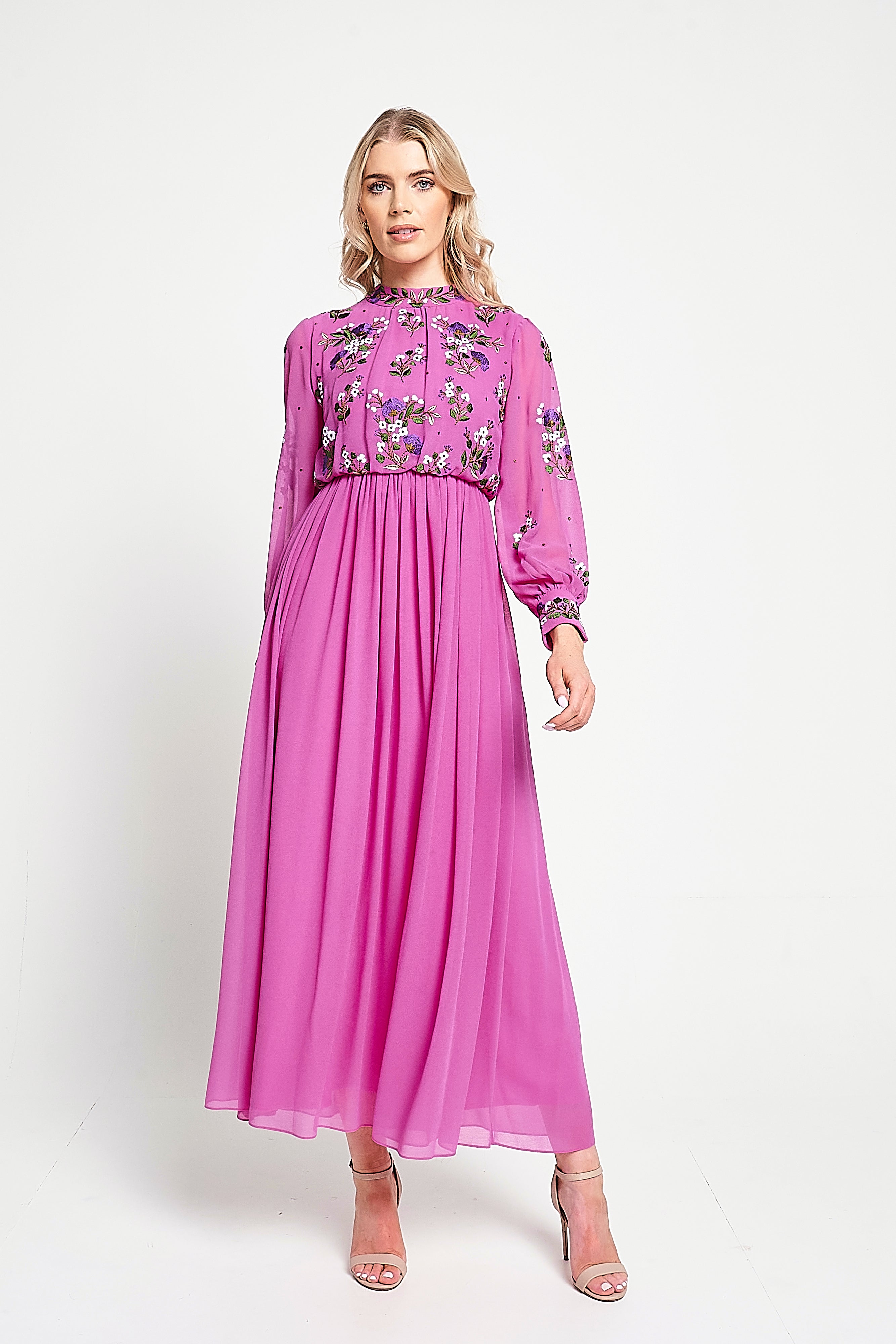 Freya Pink Floral Embroidered Midaxi Dress