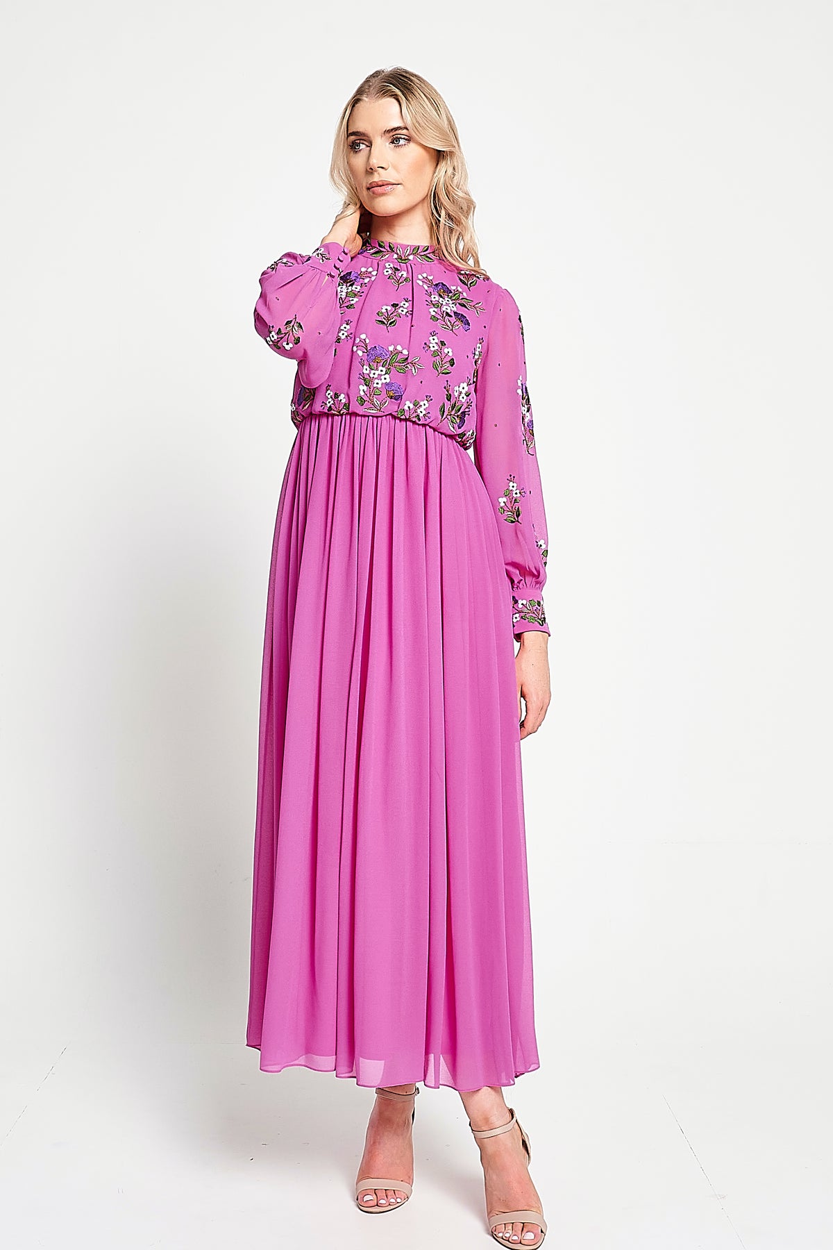 Freya Pink Floral Embroidered Midaxi Dress