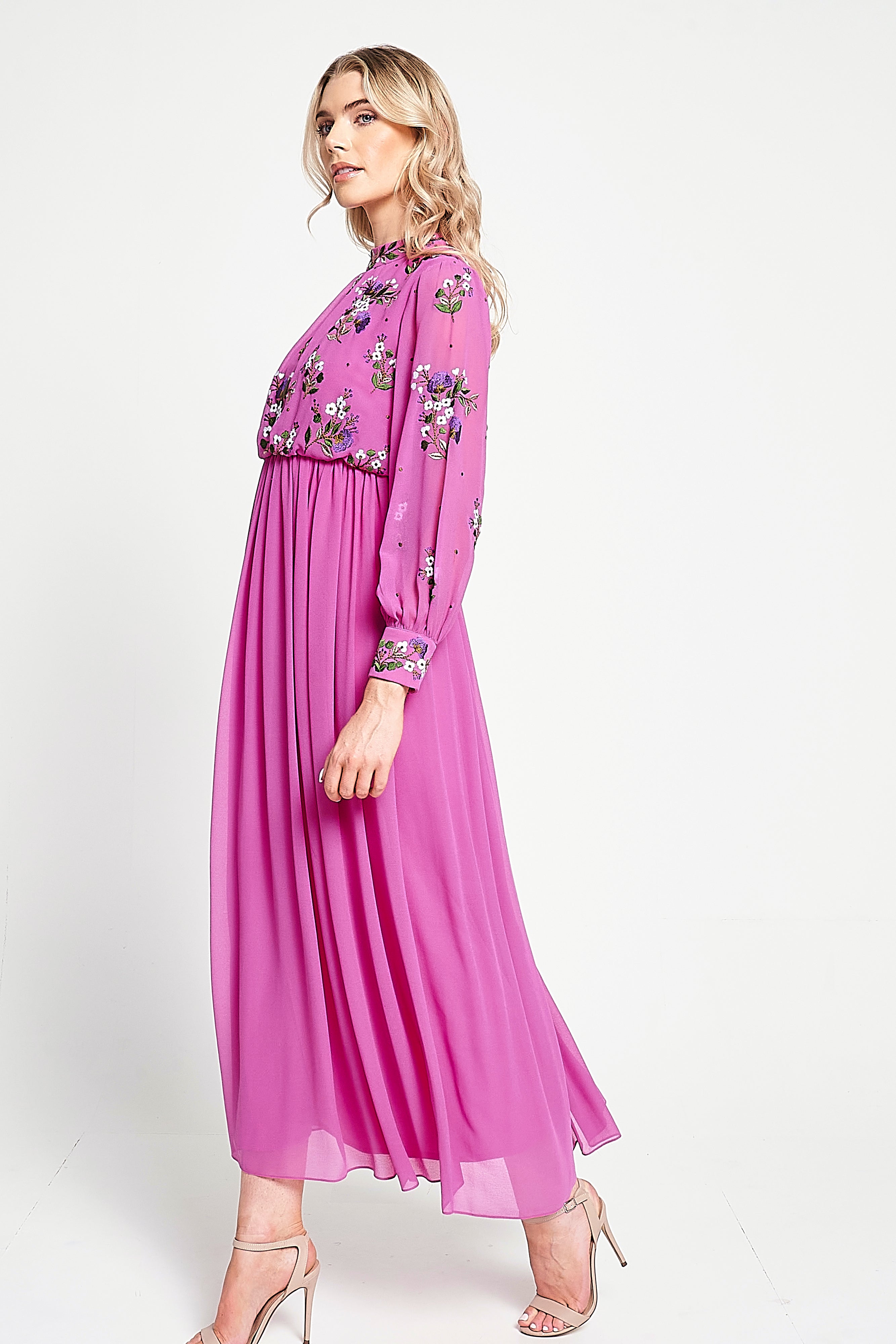 Freya Pink Floral Embroidered Midaxi Dress