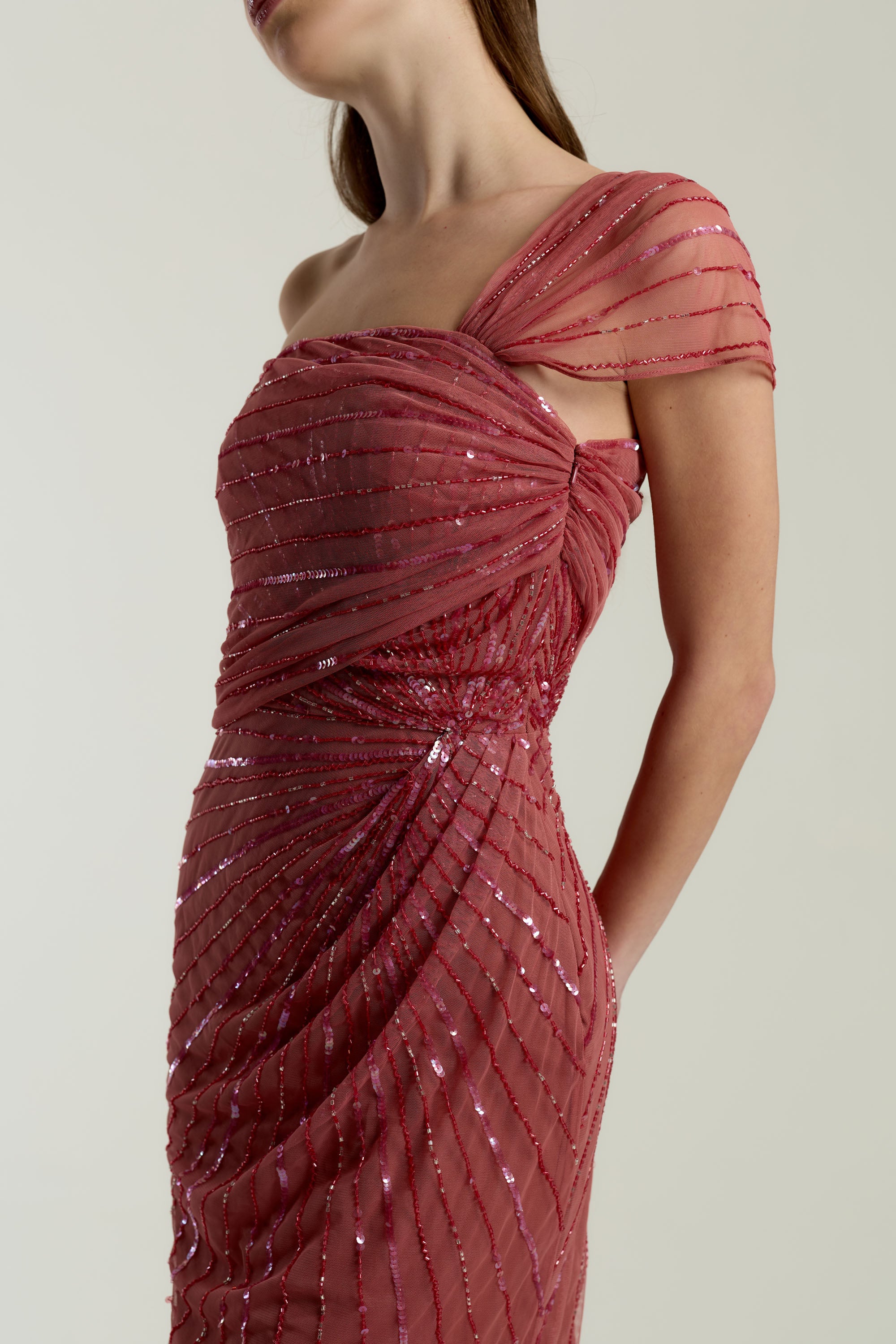Gabrielle rose pink one-shoulder embellished maxi dress