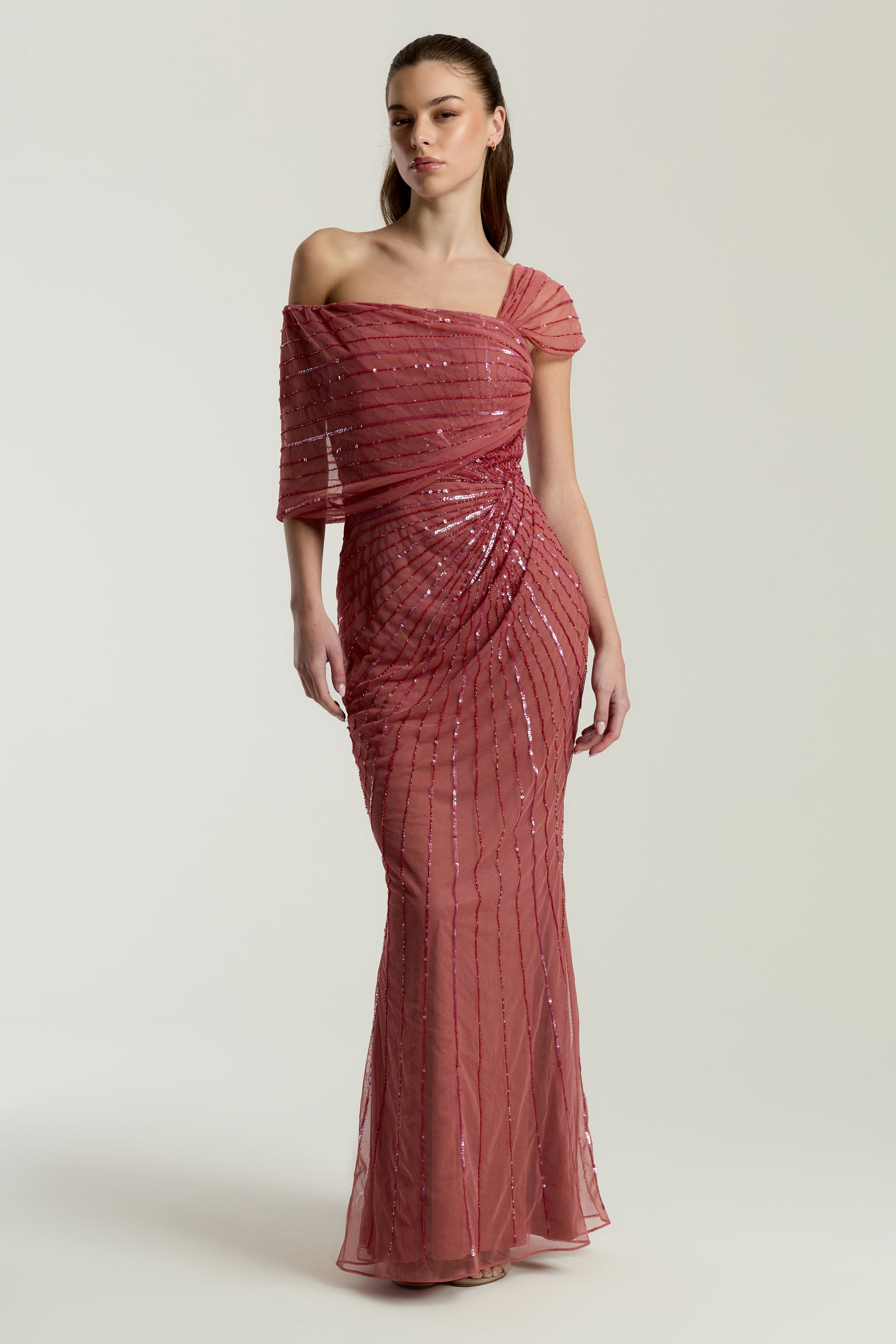 Gabrielle rose pink one-shoulder embellished maxi dress