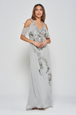 frock & frill Gali Grey Cold Shoulder Embellished Maxi Dress | Clothing