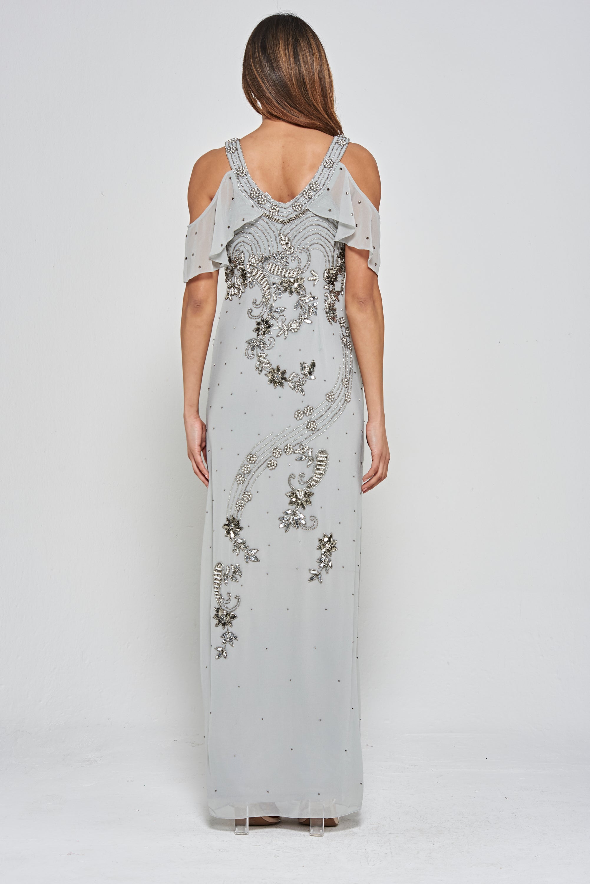 Gali Grey Cold Shoulder Embellished Maxi Dress