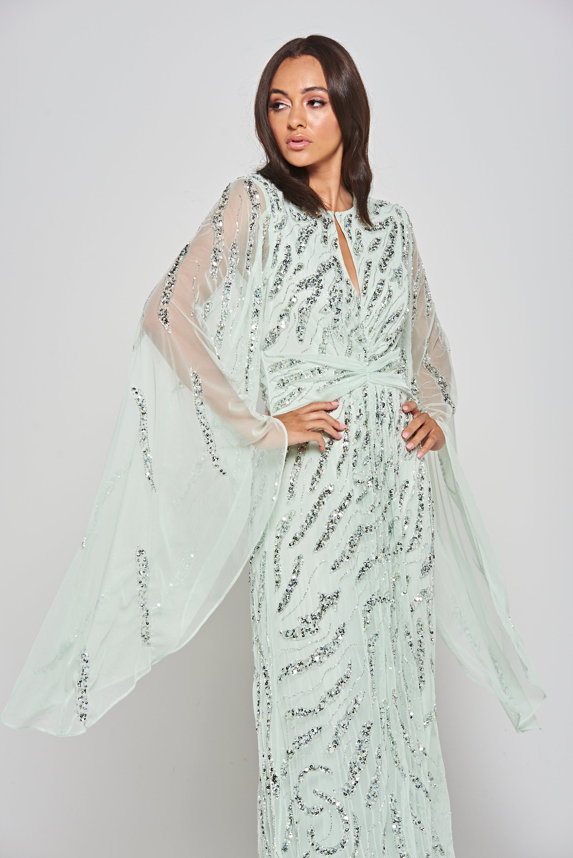 Genevieve mint green occasion maxi dress with silver sequin embellishment and statement sleeves.