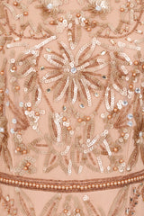 Georgiana Nude Embellished Maxi Dress, full-length nude bronze gown with puff sleeves and all-over bead embellishment, formal and elegant design