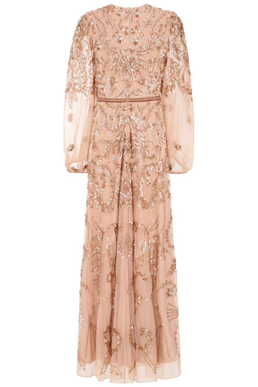 Georgiana Nude Embellished Maxi Dress, full-length nude bronze gown with puff sleeves and all-over bead embellishment, formal and elegant design
