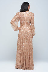 Georgiana Nude Embellished Maxi Dress, full-length nude bronze gown with puff sleeves and all-over bead embellishment, formal and elegant design