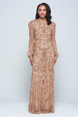 Georgiana Nude Embellished Maxi Dress, full-length nude bronze gown with puff sleeves and all-over bead embellishment, formal and elegant design