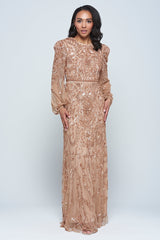 Georgiana Nude Embellished Maxi Dress, full-length nude bronze gown with puff sleeves and all-over bead embellishment, formal and elegant design