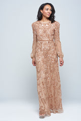 Georgiana Nude Embellished Maxi Dress, full-length nude bronze gown with puff sleeves and all-over bead embellishment, formal and elegant design