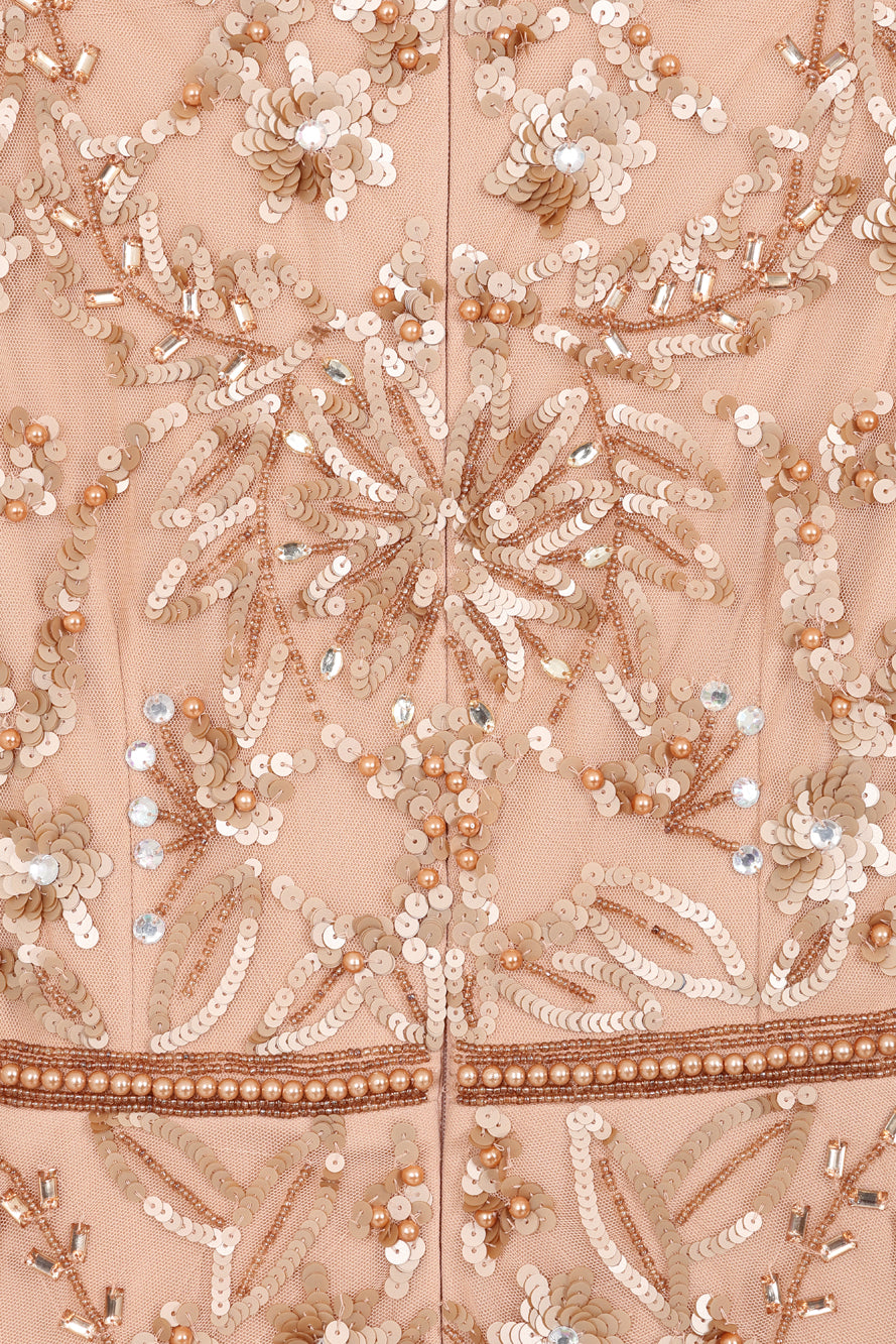 Georgiana Nude Embellished Maxi Dress, full-length nude bronze gown with puff sleeves and all-over bead embellishment, formal and elegant design