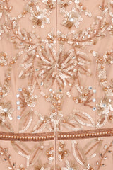 Georgiana Nude Embellished Maxi Dress, full-length nude bronze gown with puff sleeves and all-over bead embellishment, formal and elegant design