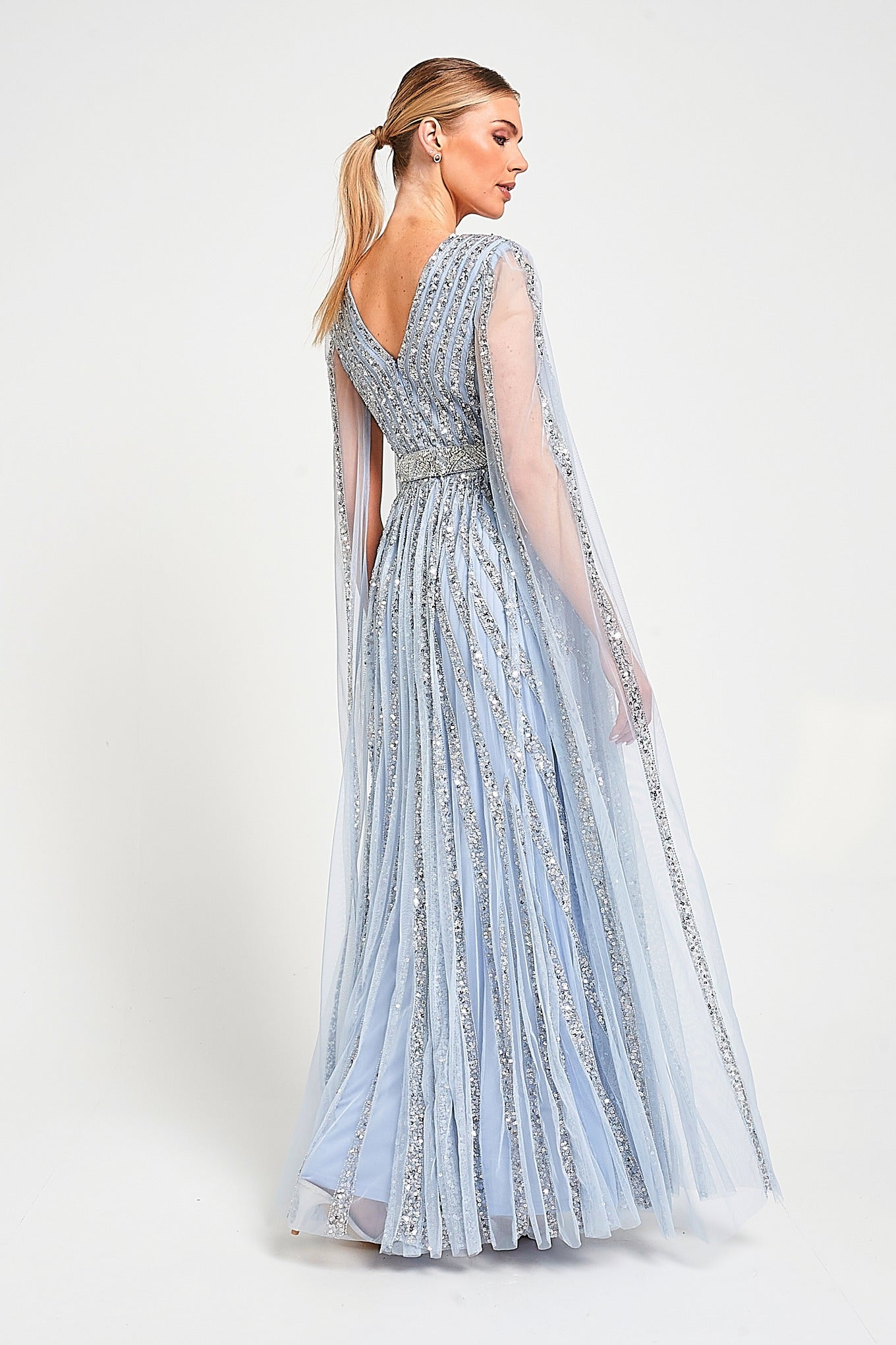 Gwen Ice Blue Embellished Cape Sleeve Maxi Dress Frock and Frill Gwen Ice Blue Embellished Cape Sleeve Maxi Dress Frock and Frill