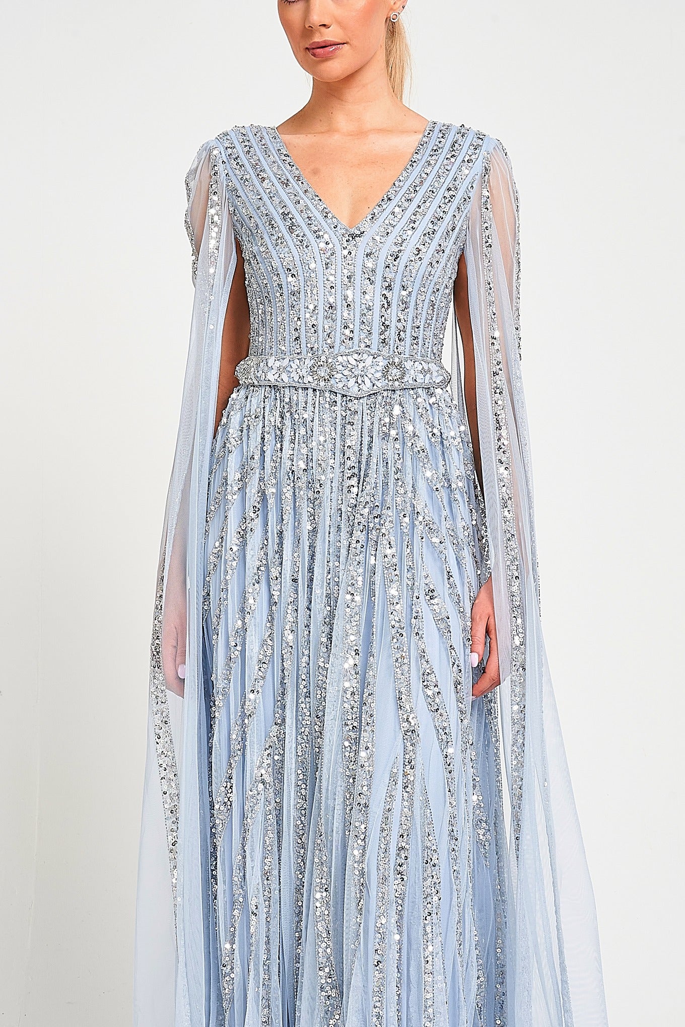 Gwen Ice Blue Embellished Cape Sleeve Maxi Dress Frock and Frill Gwen Ice Blue Embellished Cape Sleeve Maxi Dress Frock and Frill