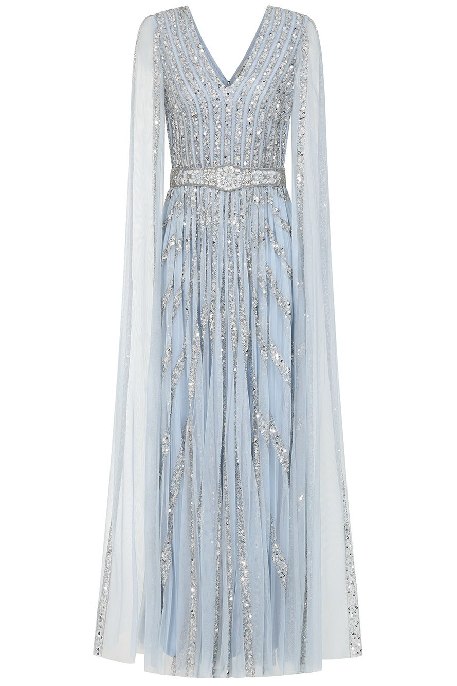 Gwen Ice Blue Embellished Cape Sleeve Maxi Dress – Frock and Frill