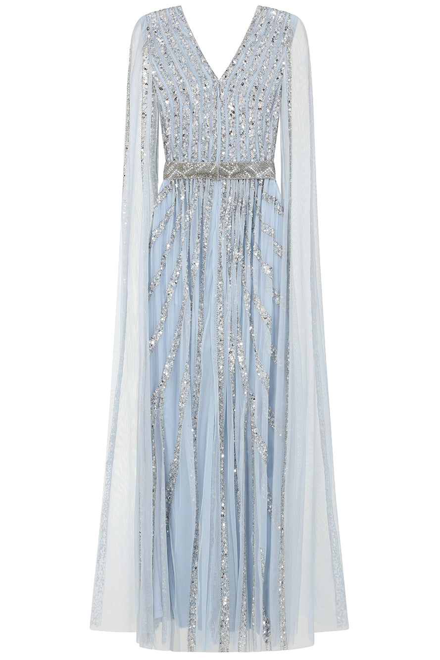 Gwen Ice Blue Embellished Cape Sleeve Maxi Dress 