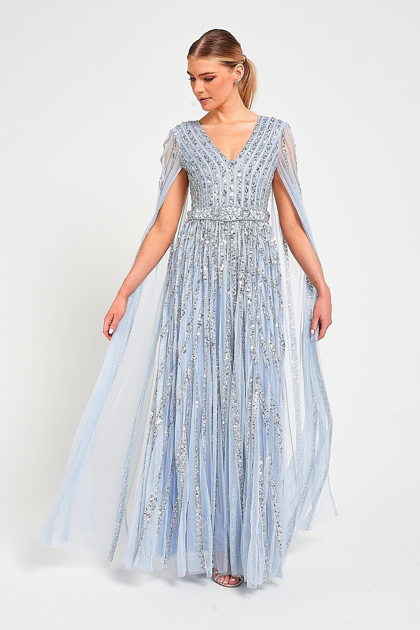 ice blue formal dress Gwen Ice Blue Embellished Cape Sleeve Maxi Dress – Frock and Frill