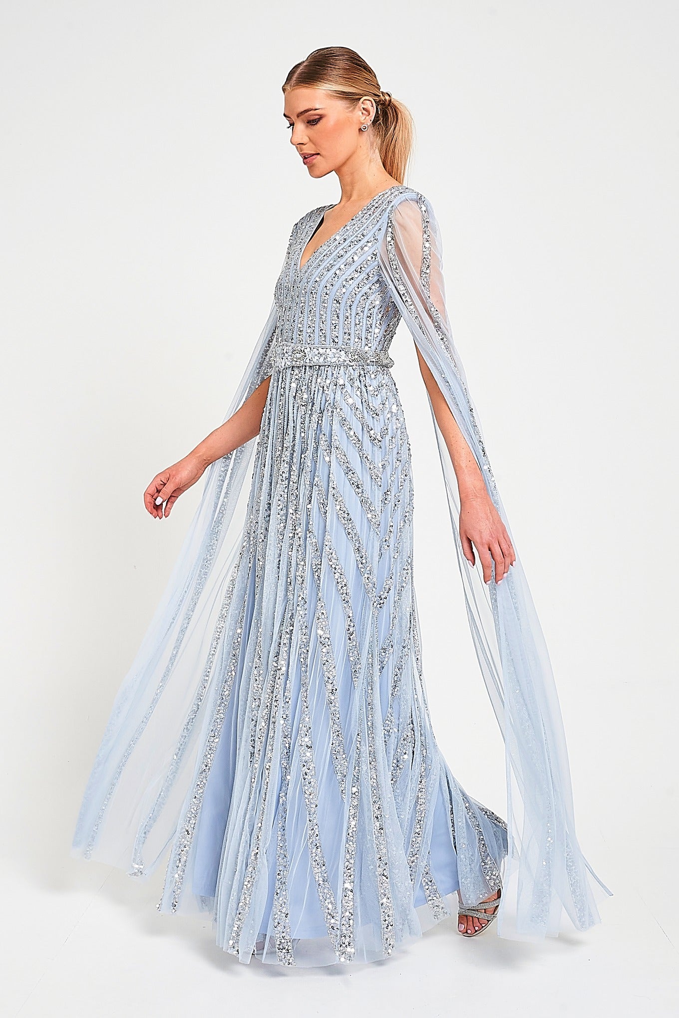 Gwen Ice Blue Embellished Cape Sleeve Maxi Dress – Frock and Frill