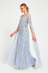 Gwen Ice Blue Embellished Cape Sleeve Maxi Dress 