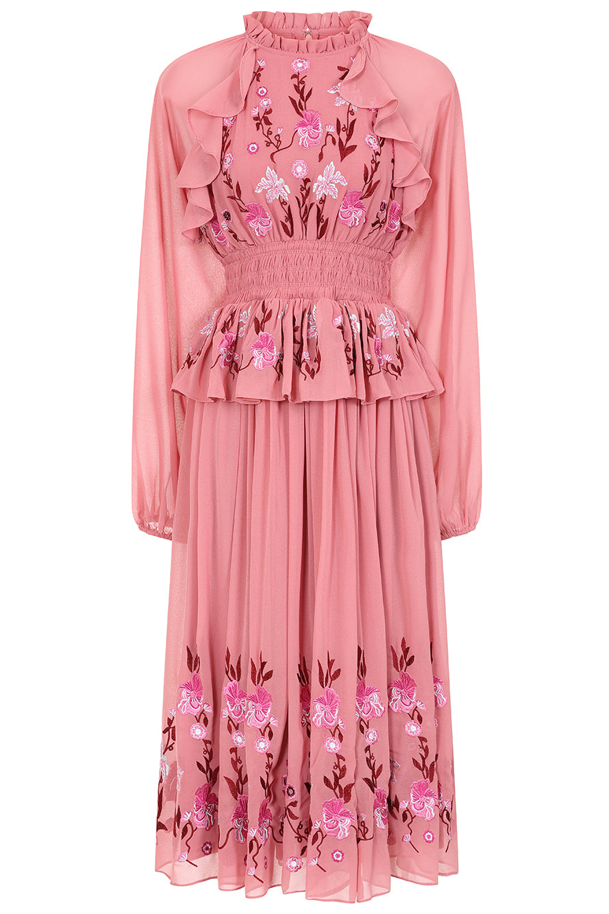 Gwenna Pink Floral Embroidered Midi Dress – Frock and Frill