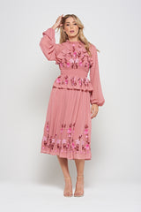 Gwenna Pink Floral Embroidered Midi Dress