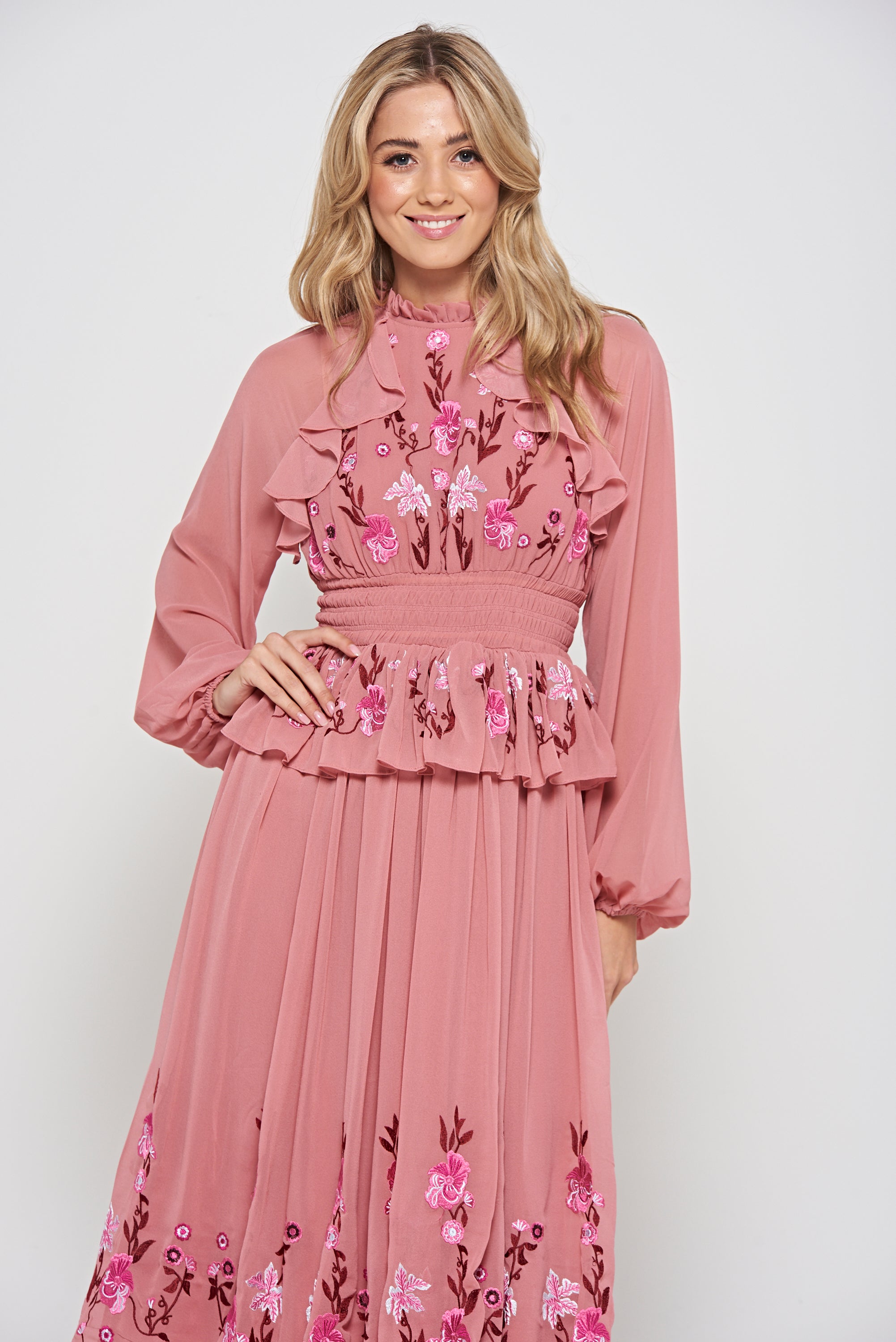 Gwenna Pink Floral Embroidered Midi Dress – Frock and Frill