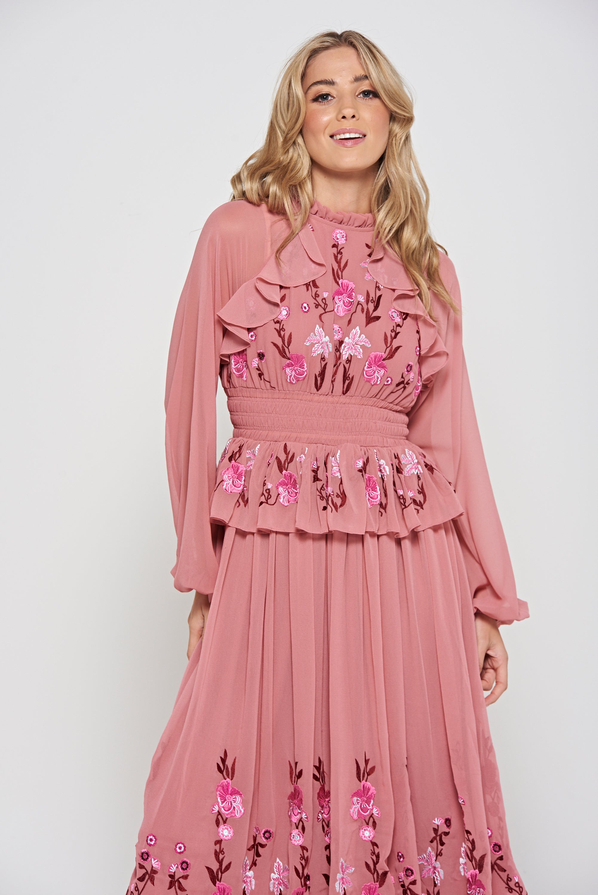 Gwenna Pink Floral Embroidered Midi Dress Frock and Frill Gwenna Pink Floral Embroidered Midi Dress Frock and Frill