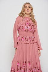 Gwenna Pink Floral Embroidered Midi Dress