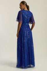Harper Electric Blue Sequin Maxi Dress with v-neckline and full-length silhouette, perfect for weddings, balls, formal occasions and bridesmaids.
