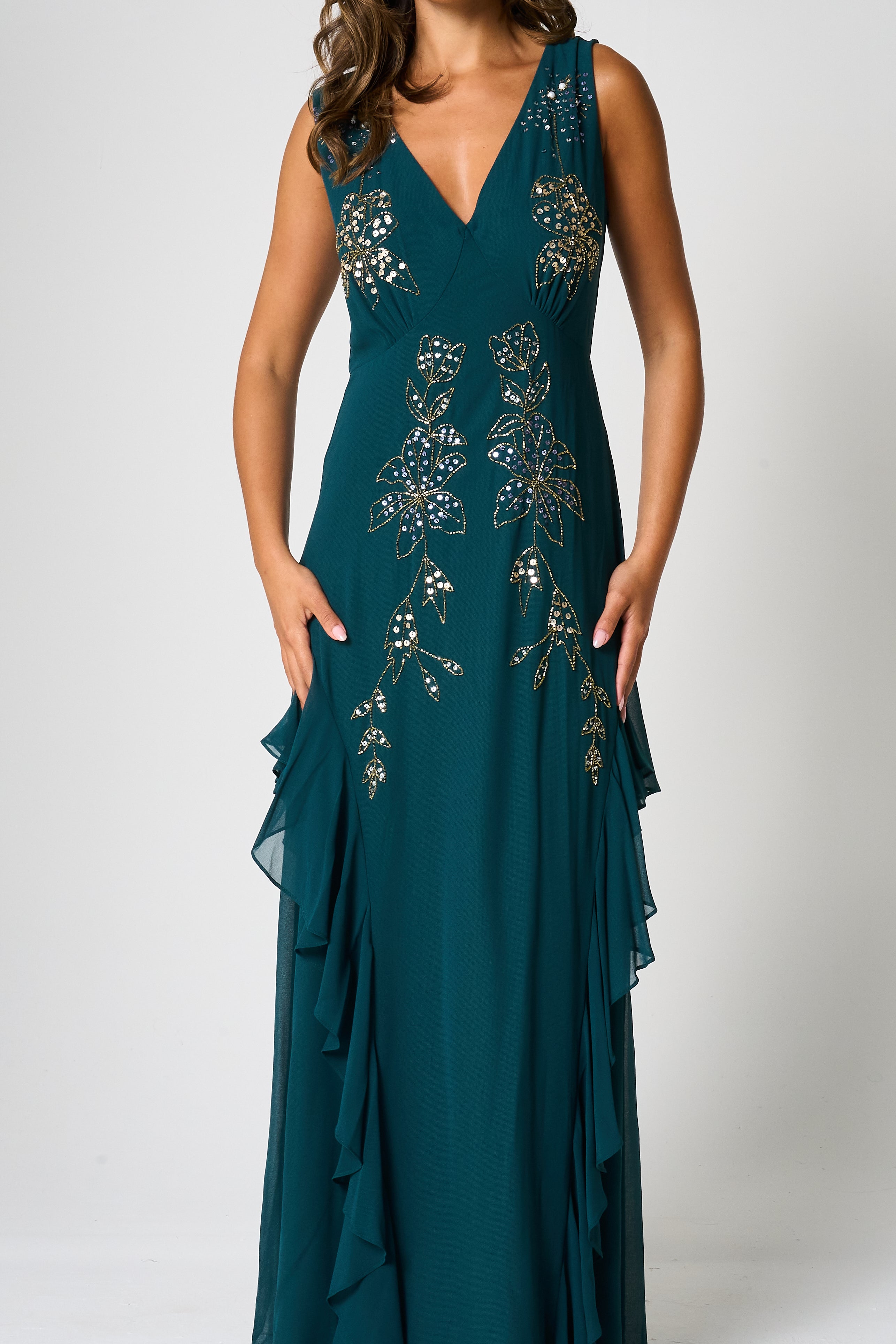Hazel Green Floral Embellished Maxi Dress