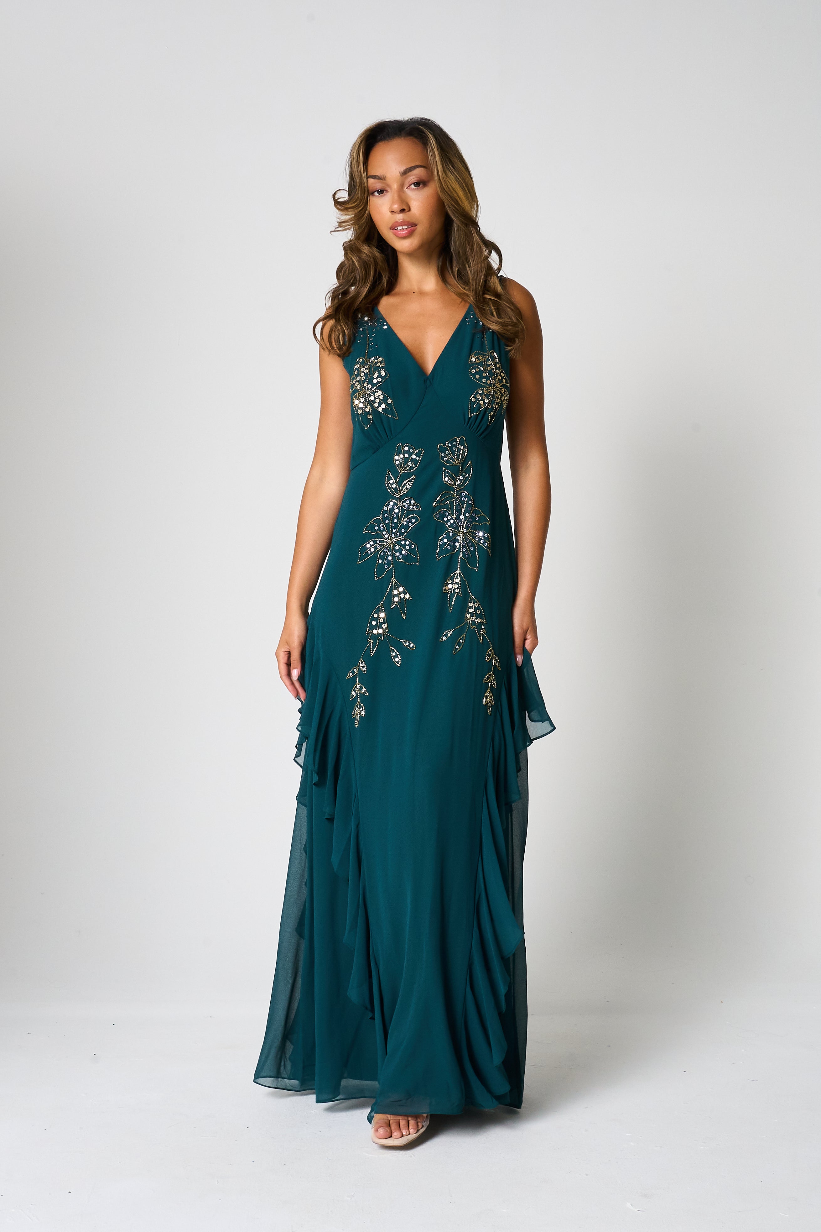 Hazel Green Floral Embellished Maxi Dress