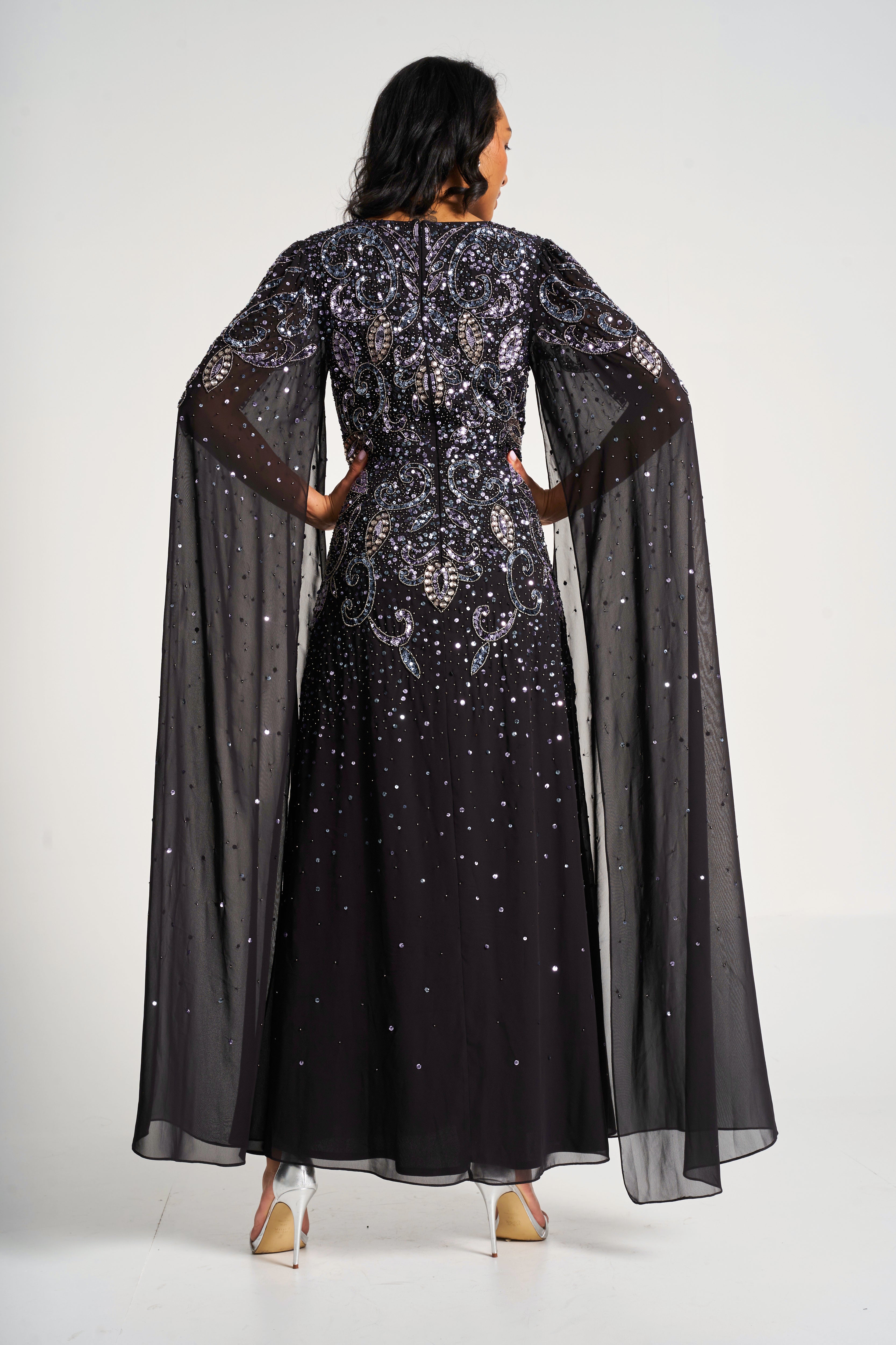 Henrietta Black Embellished Cape Sleeve Maxi Dress