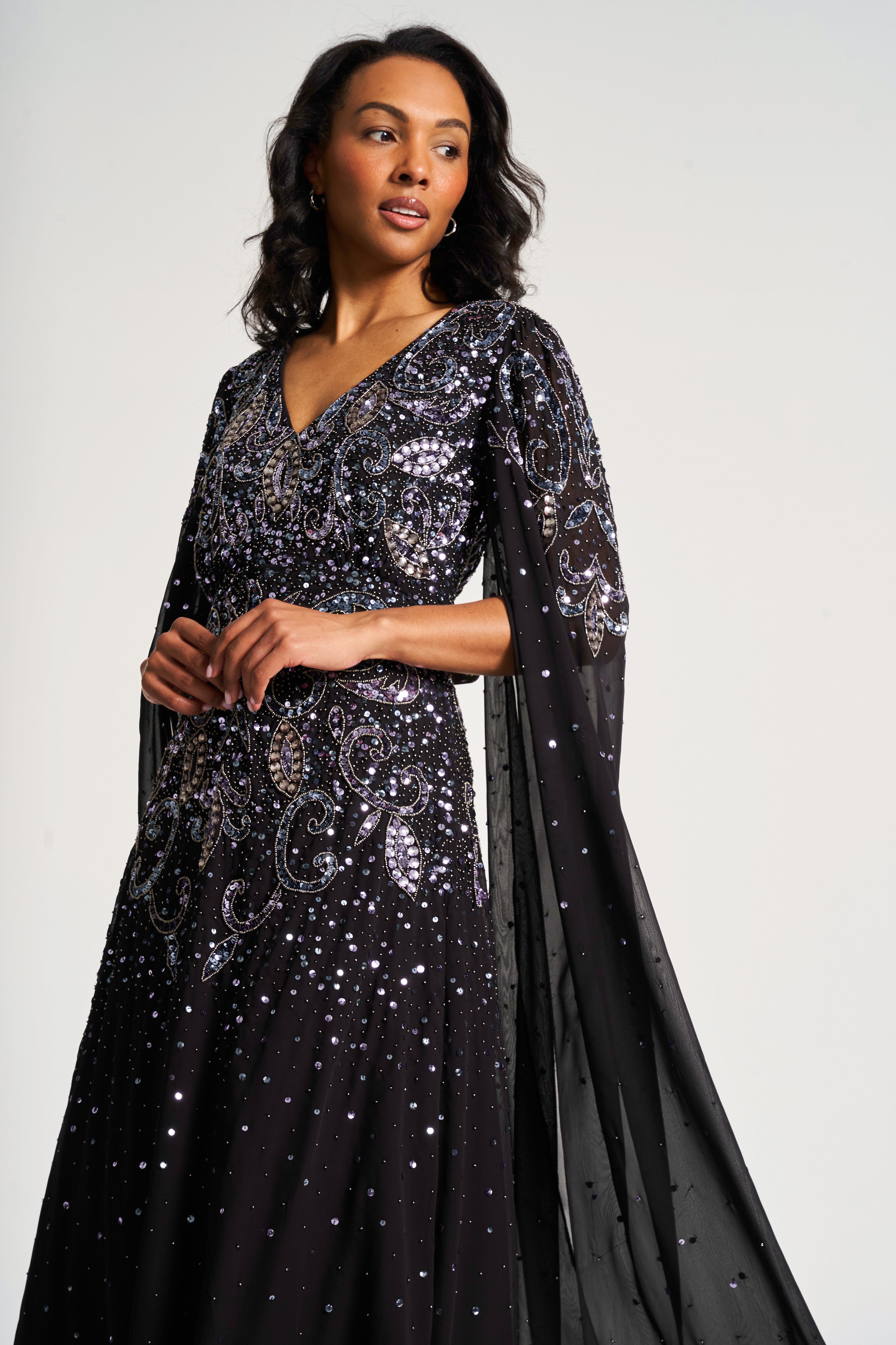 Henrietta Black Embellished Cape Sleeve Maxi Dress Frock and Frill Henrietta Black Embellished Cape Sleeve Maxi Dress Frock and Frill