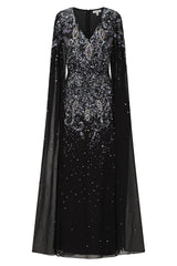 Henrietta Black Embellished Cape Sleeve Maxi Dress