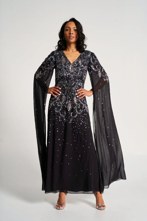 cap sleeve maxi dress black Henrietta Embellished Cape – Frock and Frill sheer corset dress Long Sleeve Cute Tight Perfect for galas Trouser Waist Size:24