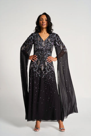 Henrietta Black Embellished Cape Sleeve Maxi Dress