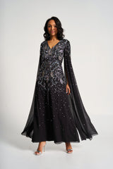 Henrietta Black Embellished Cape Sleeve Maxi Dress