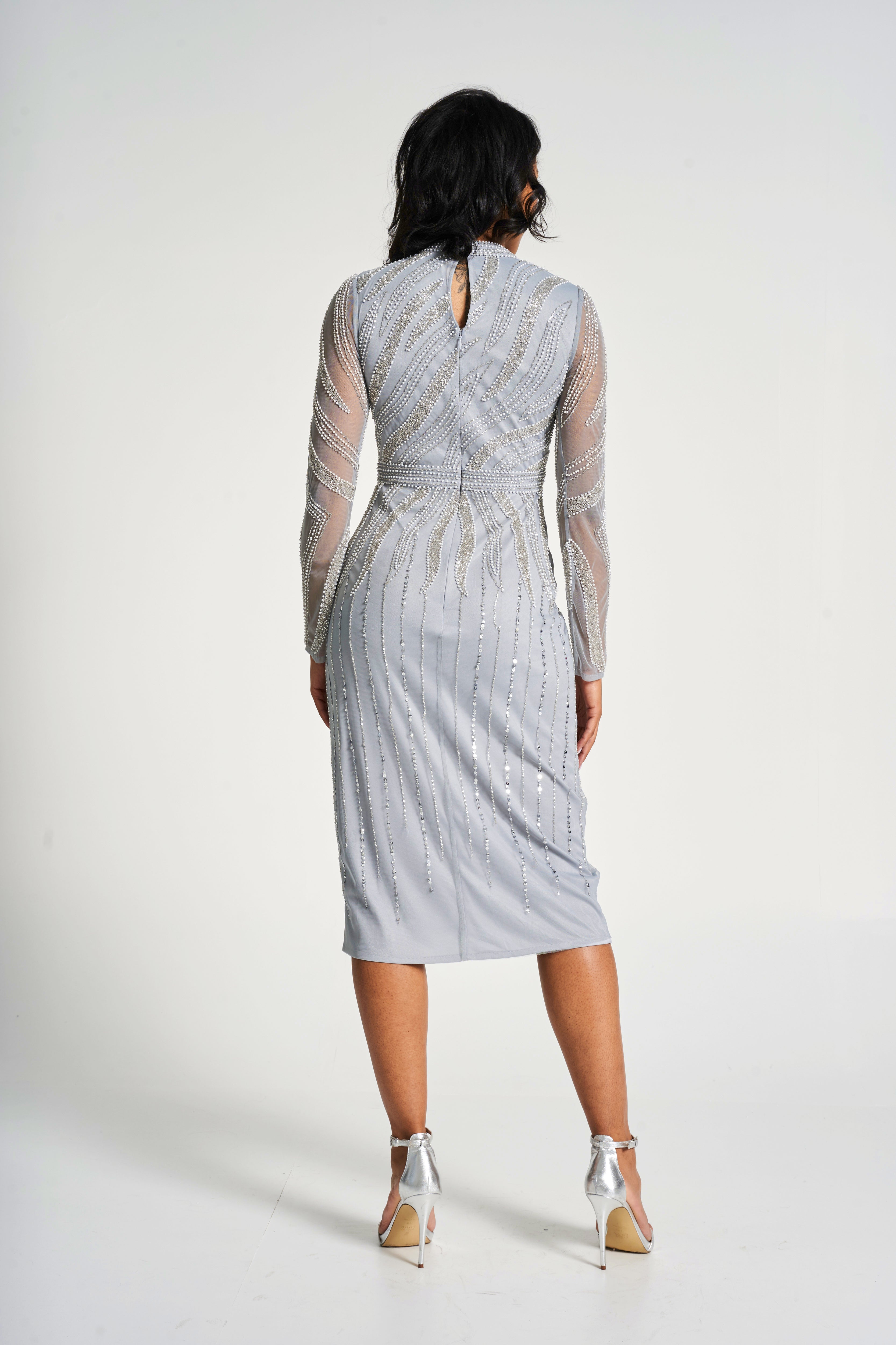 Hermia Grey Embellished Midi Dress