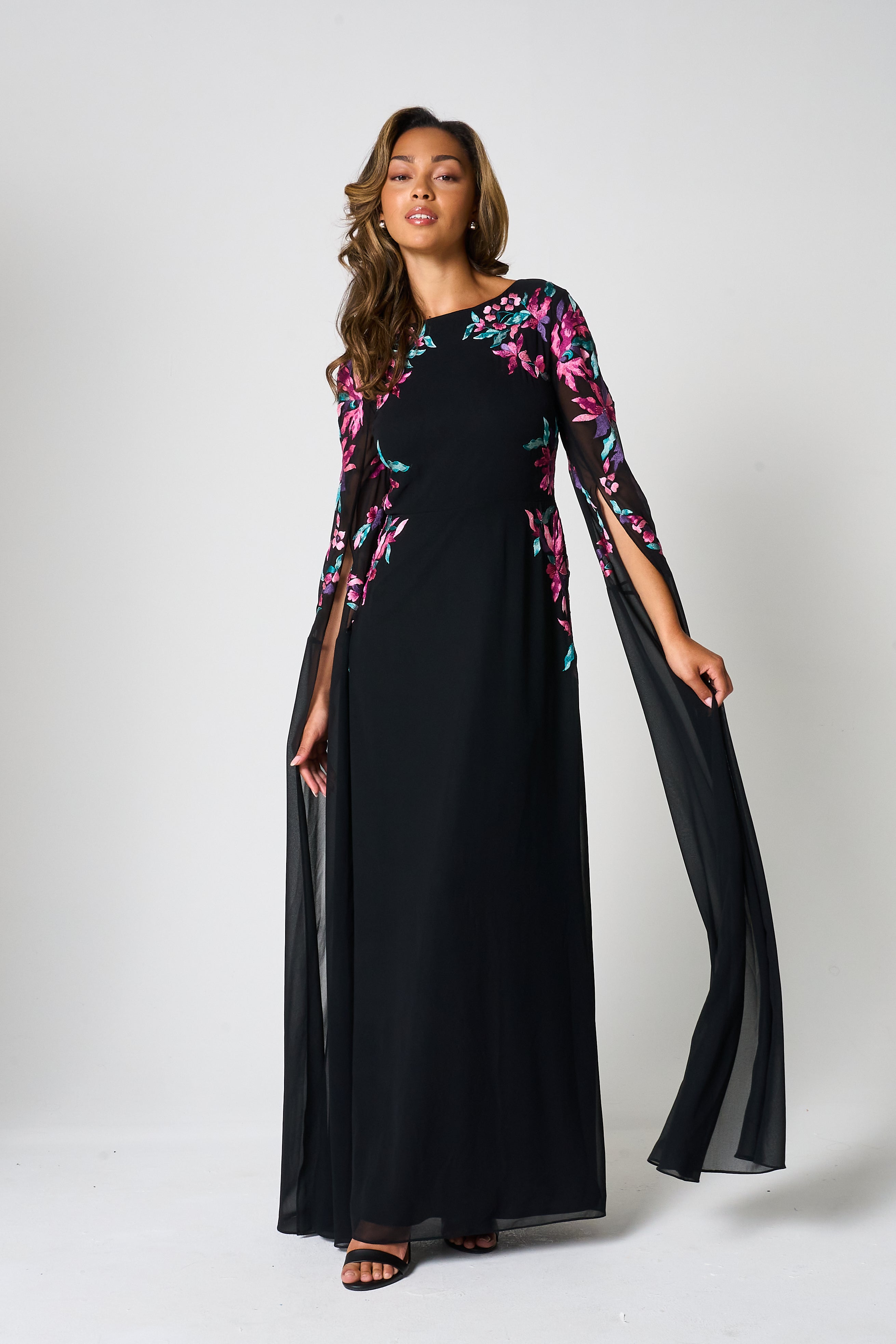 black long sleeve embroidered dress Mac Duggal Women's Long Sleeve Sheer Floral Embroidered Velvet Gown - Black